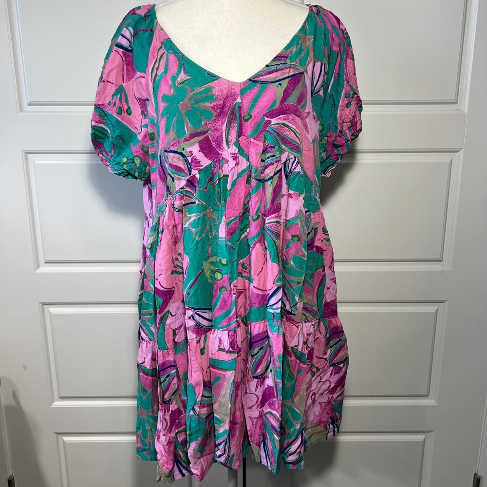 Entro Women's‎ Tropical Pink Teal Floral Print Tiered Mini Dress Size L